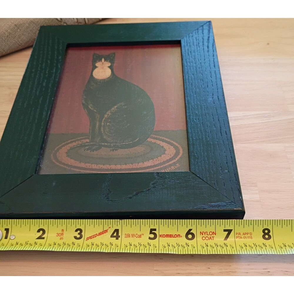 Vintage Warren Kimble Black Cat on Rug Print Folk Art Black Frame 9.5 x 7.5" - Picture 5 of 5